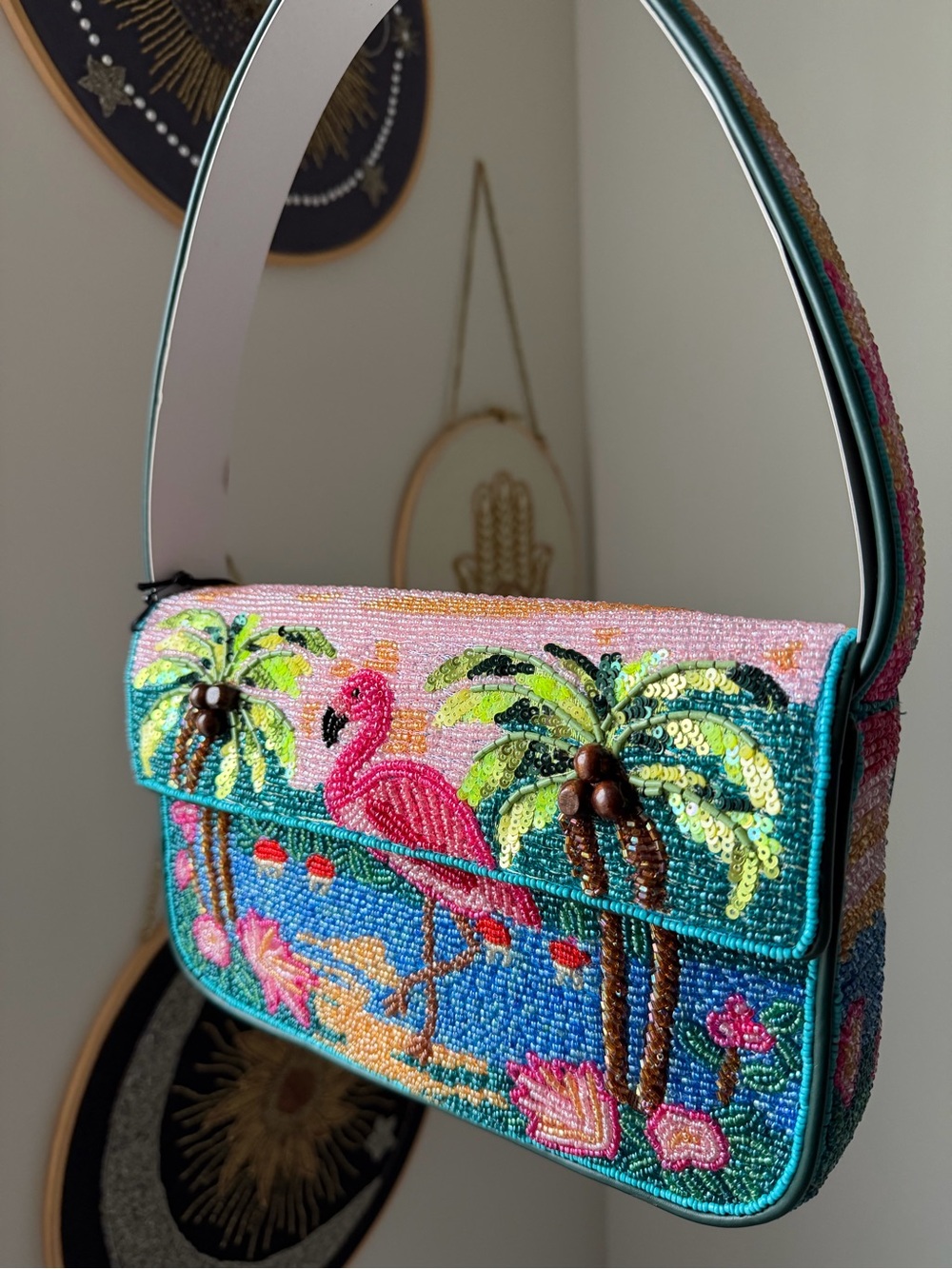 Staud beaded palm beach flamingo Tommy shoulder bag - Picture 3 of 6